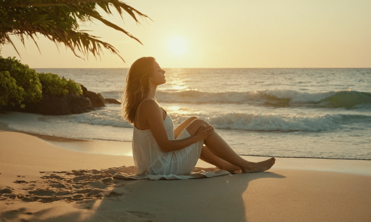 Persoon ontspant op zonovergoten strand in een rustige omgeving