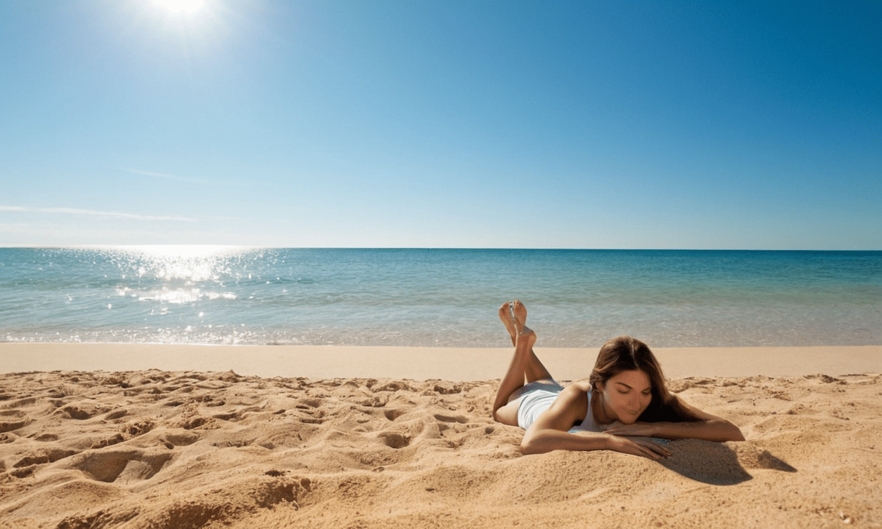 Person relaxes on warm sunny sandy beach scene