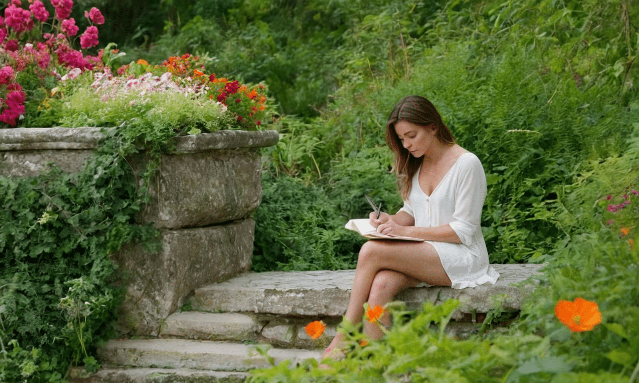 Person sits peacefully amidst blooming flowers and foliage