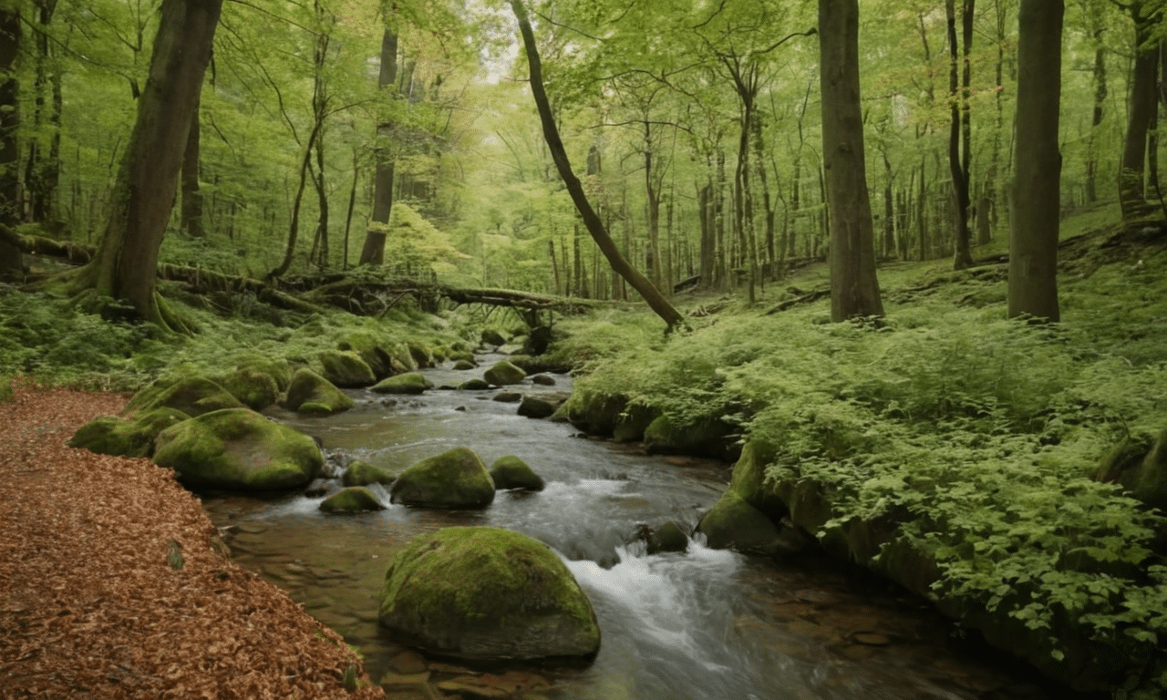 Serene forest glade with gentle stream and rustling leaves