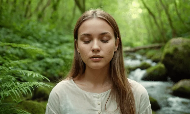 Serene girl amidst lush greenery and quiet stream scene
