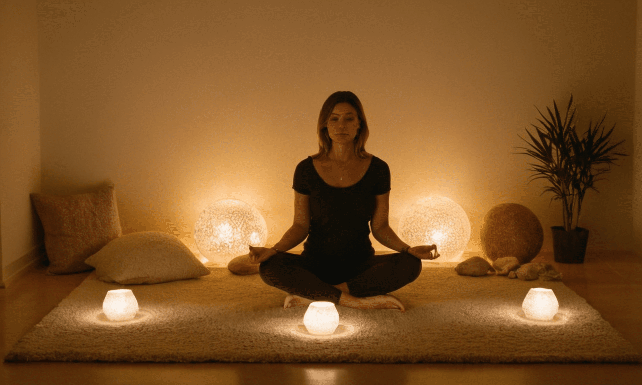 Serene woman amidst sound healing crystals and gentle glow