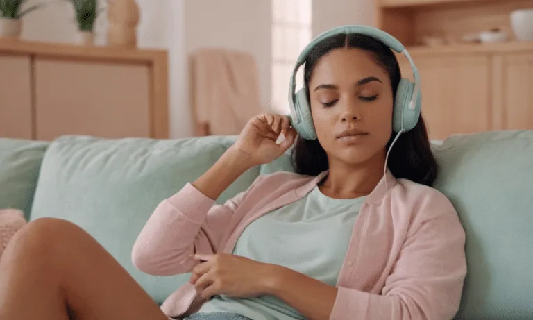 Serene woman escapes in soothing soundscapes at home