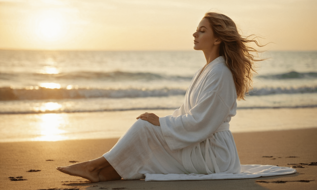 Serene woman gazes at calm sunset ocean horizon