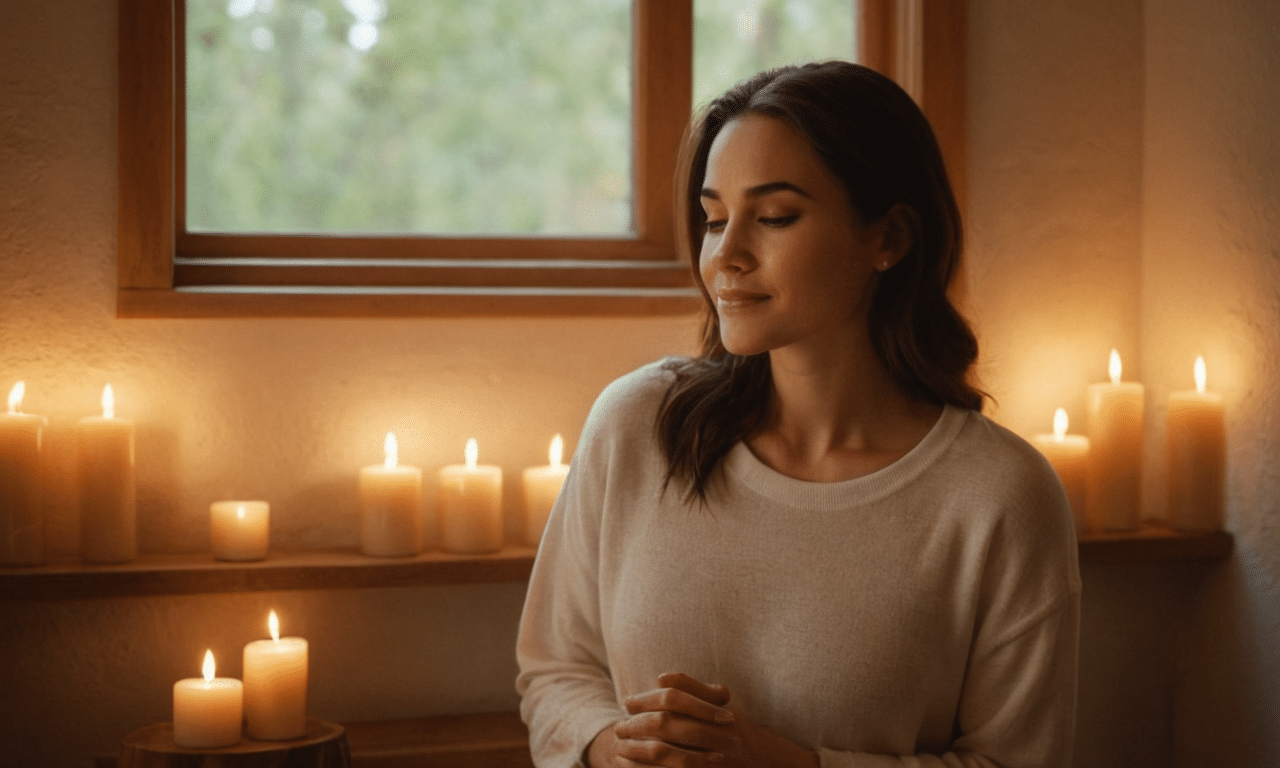 Serene woman meditates amidst candlelit morning tranquility