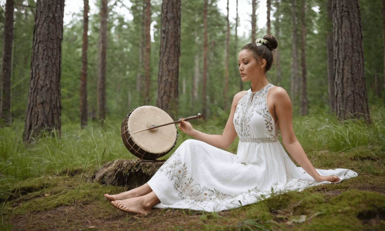 Serene woman plays gong in lush forest surroundings
