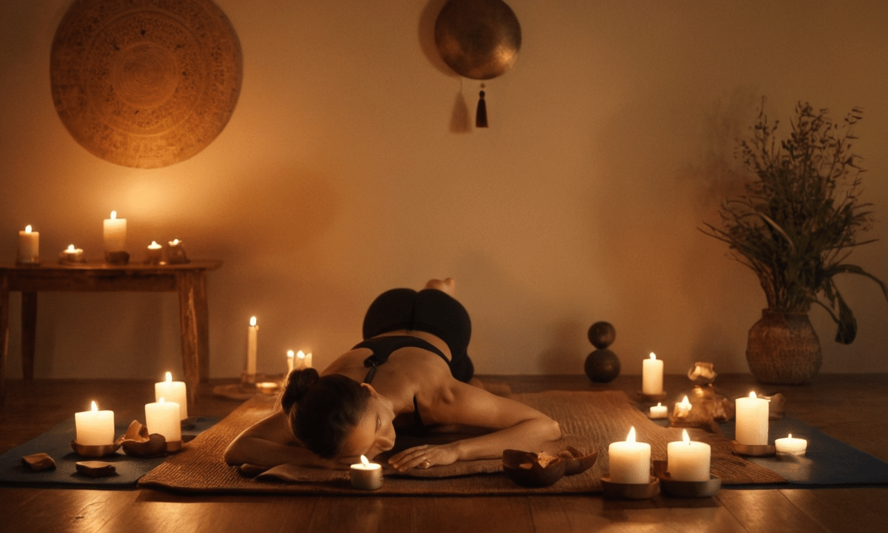 Serene woman relaxes amidst candlelit peaceful morning ambiance