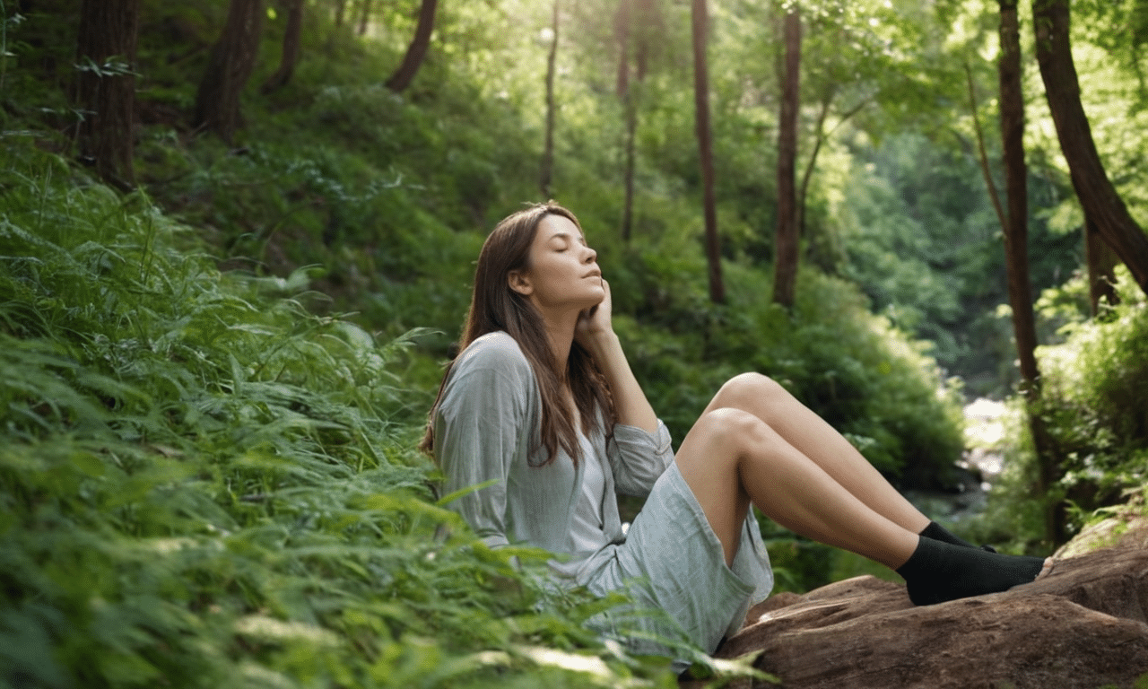 Serene woman relaxes amidst lush natural surroundings