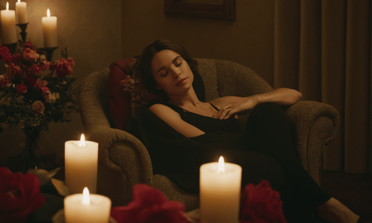 Serene woman relaxes amidst soft candlelight ambiance calmly