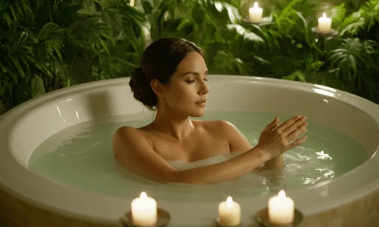 Serene woman relaxes in lush greenery lit bath tub