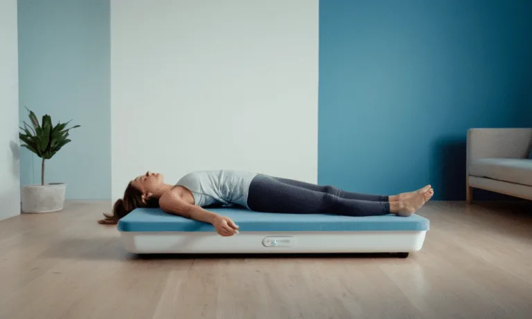 Serene woman relaxes on vibrational massage plate quietly