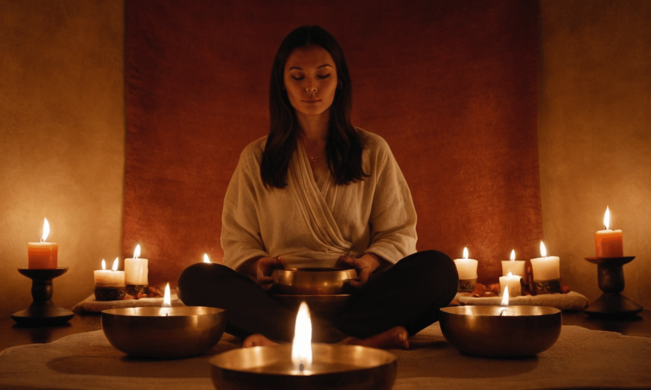 Serenity surrounds practitioner amidst softly glowing candles