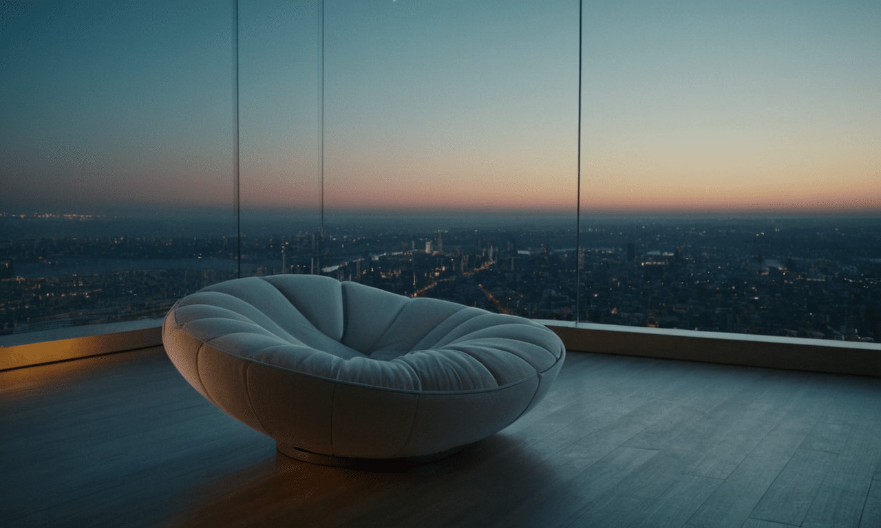 Softly glowing chair amidst serene cityscape evening