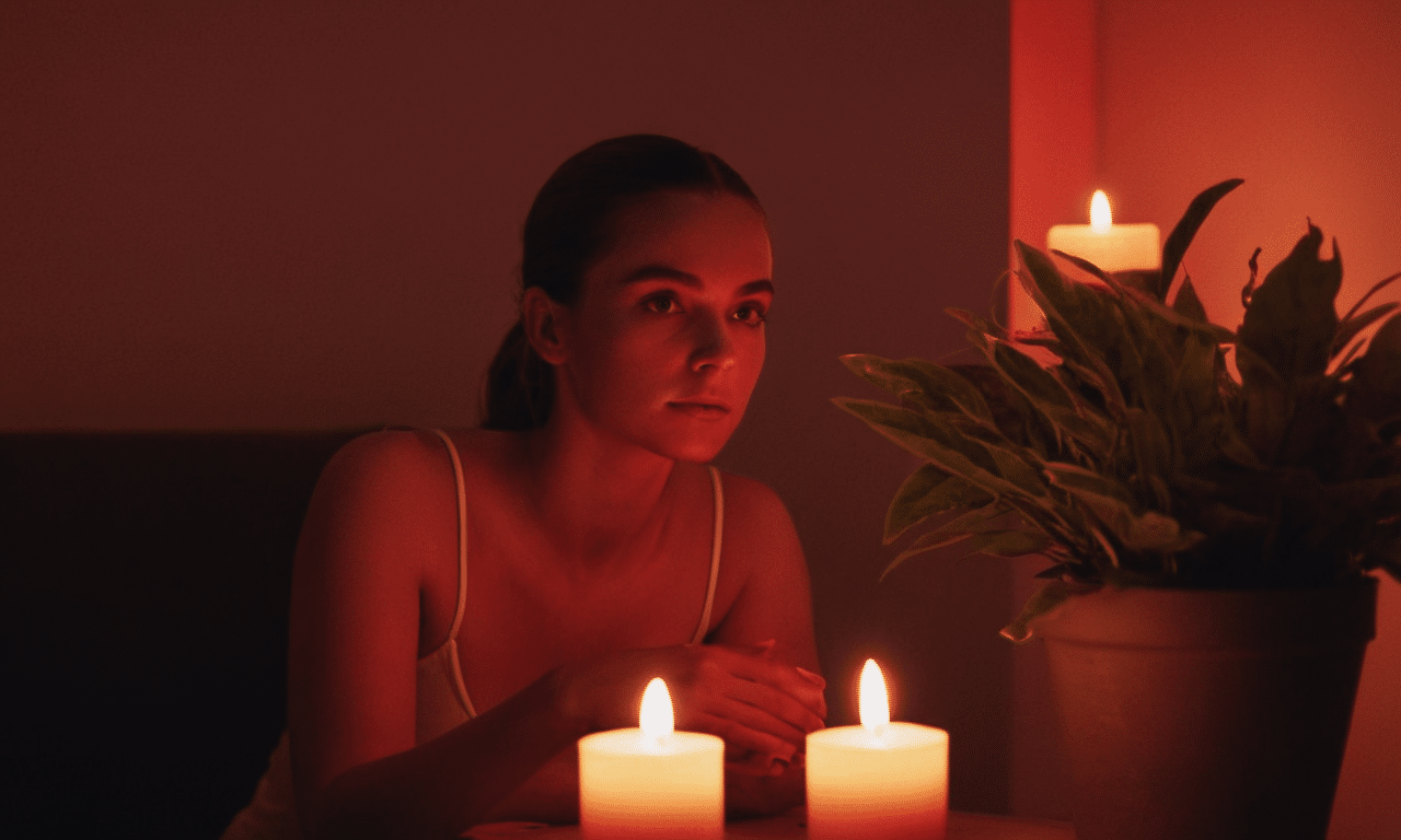 Softly lit woman amidst warm candlelight and greenery