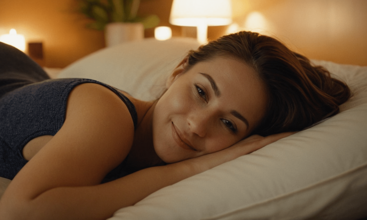 Zacht glimlachende figuur in sereen slaapkameroase