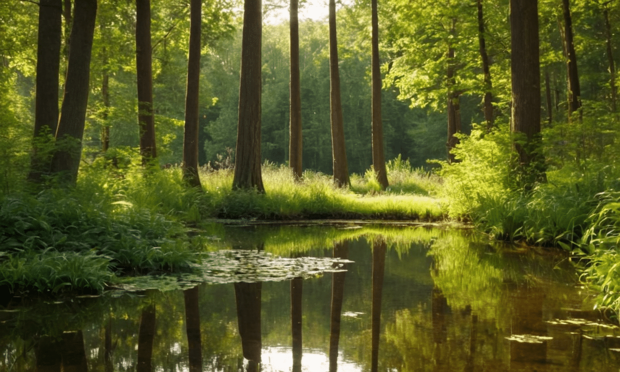 Hoge bomen omringen een vredige vijver die gedempt zonlicht reflecteert