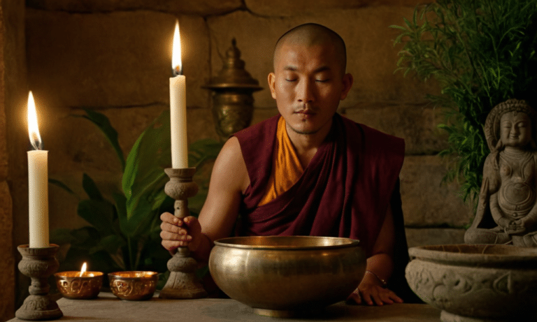 Tibetan monk plays sound bowl in peaceful surroundings