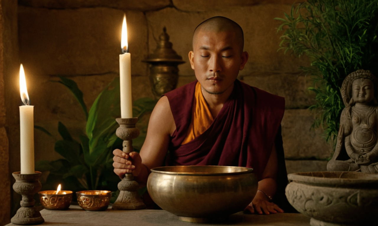 Tibetan monk plays sound bowl in peaceful surroundings