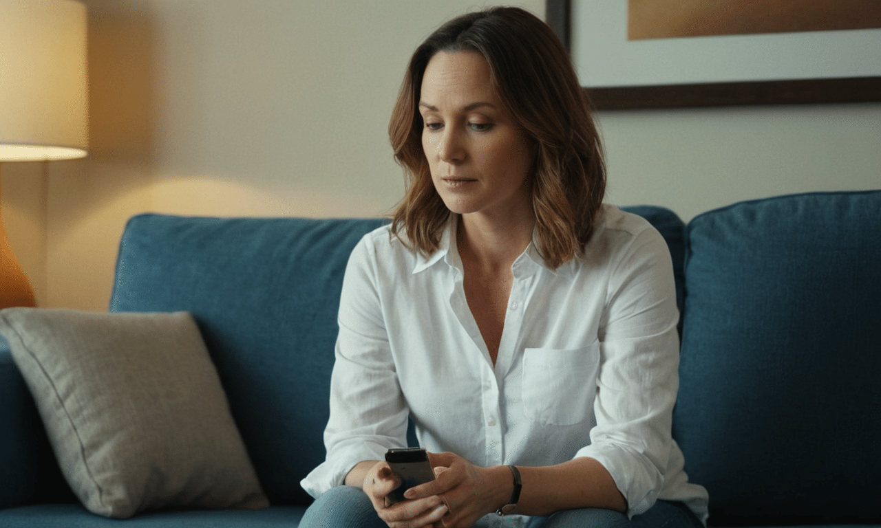 Woman contemplates biofeedback device in calm setting