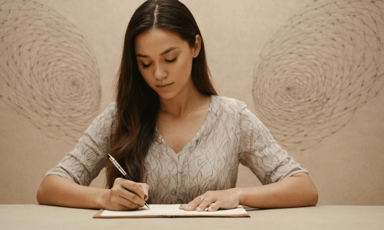 Woman draws calmness amidst subtle ink patterns