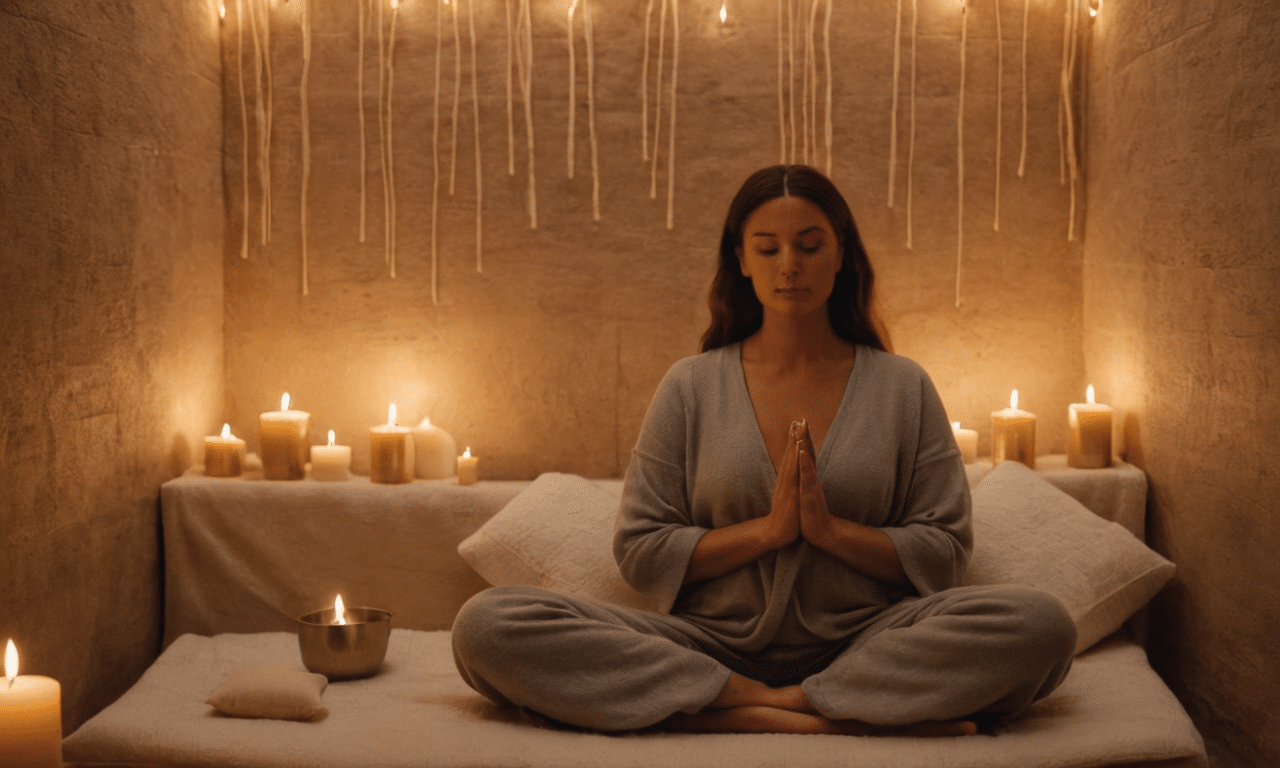 Woman meditates in serene candlelit enclosure quietly listening