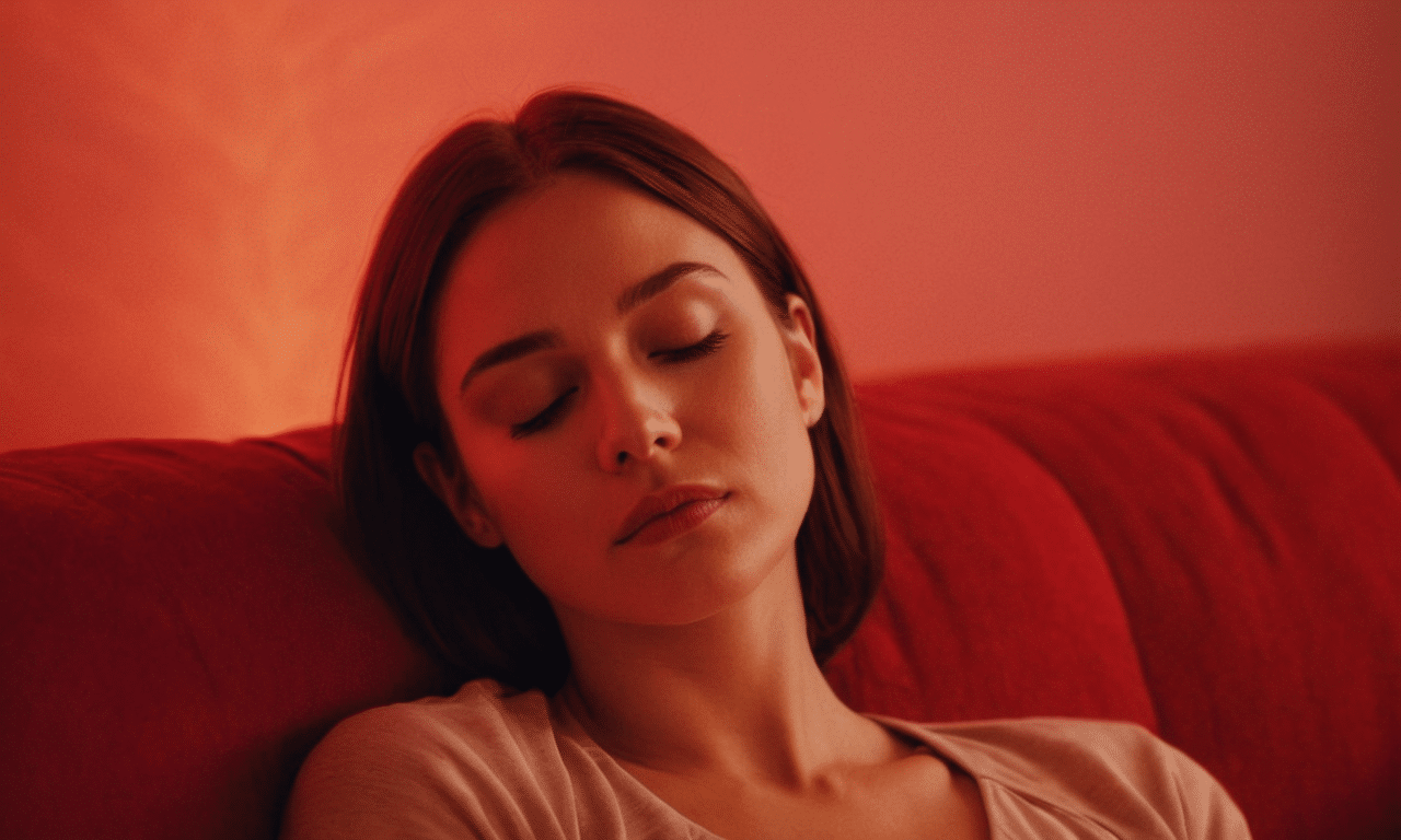 Woman relaxes in warm red-lit serenity surround