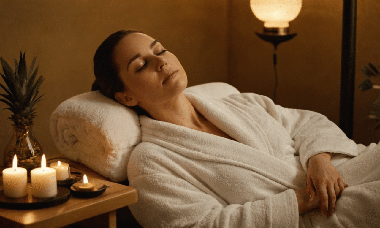 Vrouw ontspant op massagetafel omgeven door kalmte