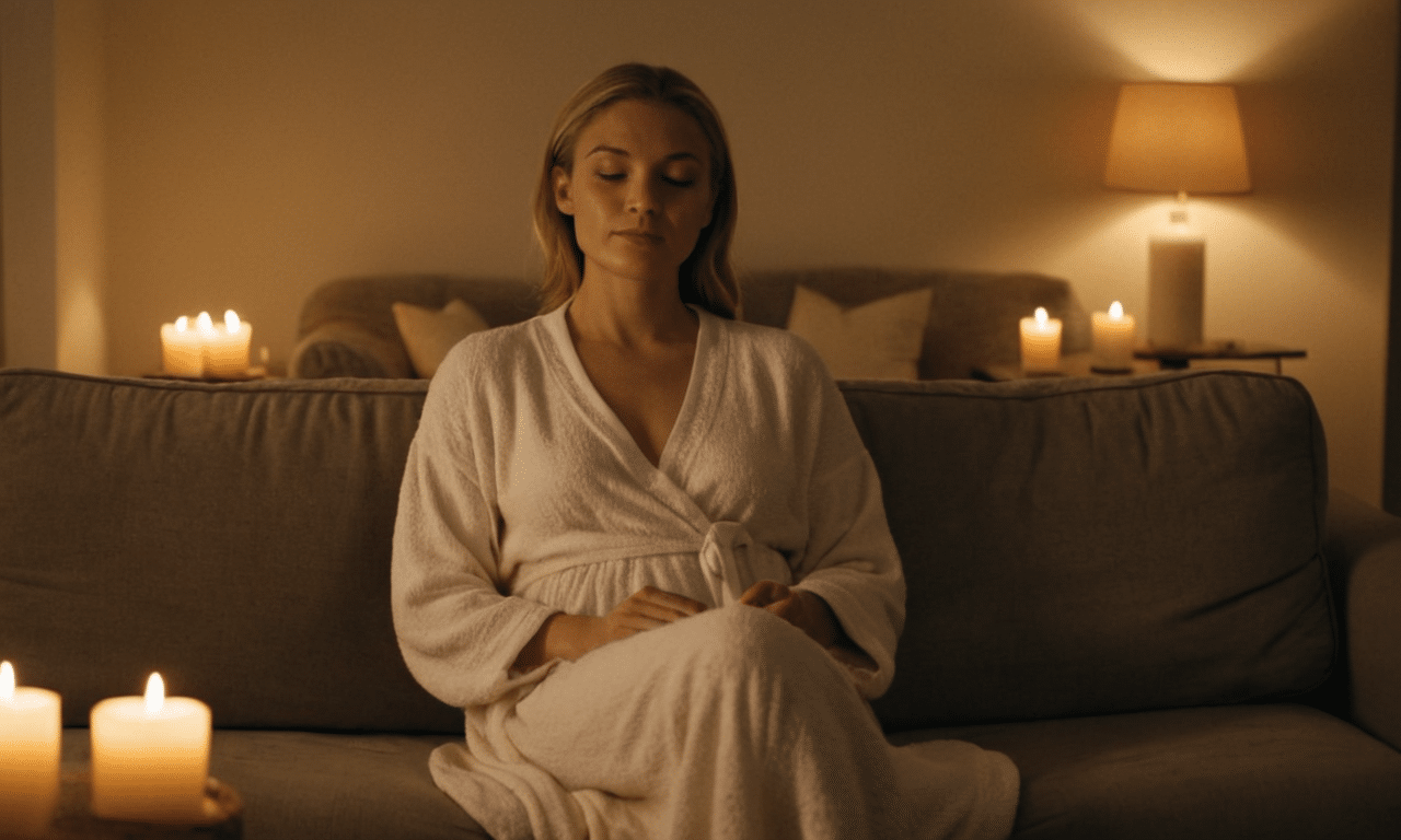 Woman relaxes on plush couch under candlelight