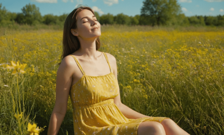 Woman sits peacefully amidst blooming wildflower serenity