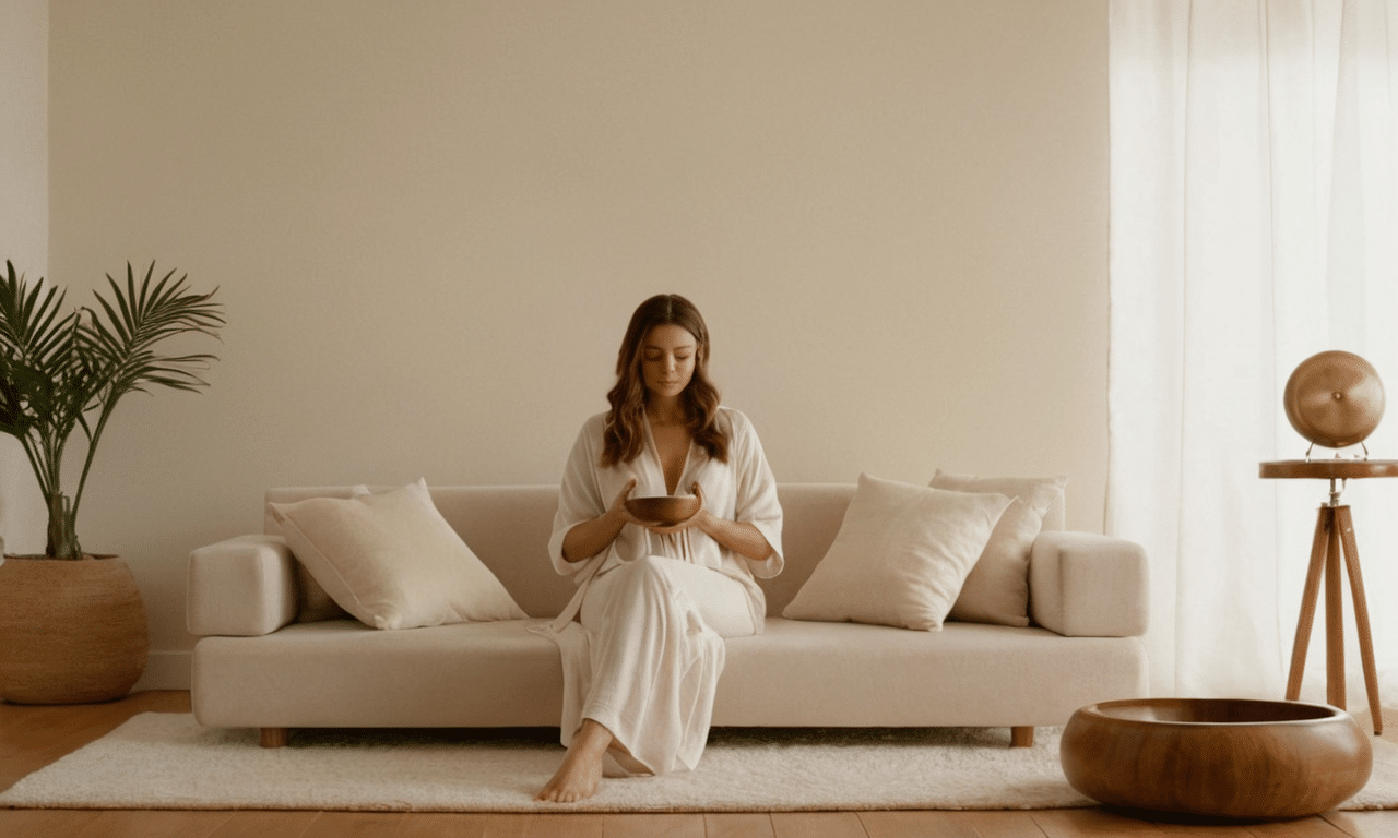 Woman sits serene amidst plush surroundings gently vibrating