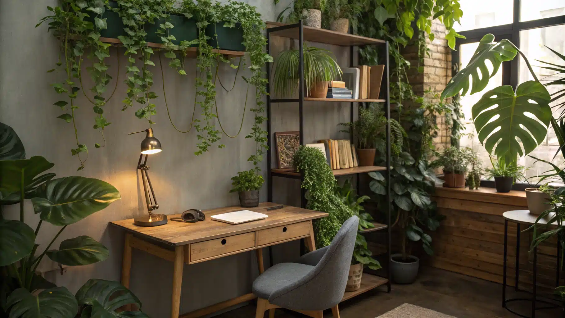 A cozy workspace filled with greenery and tranquility