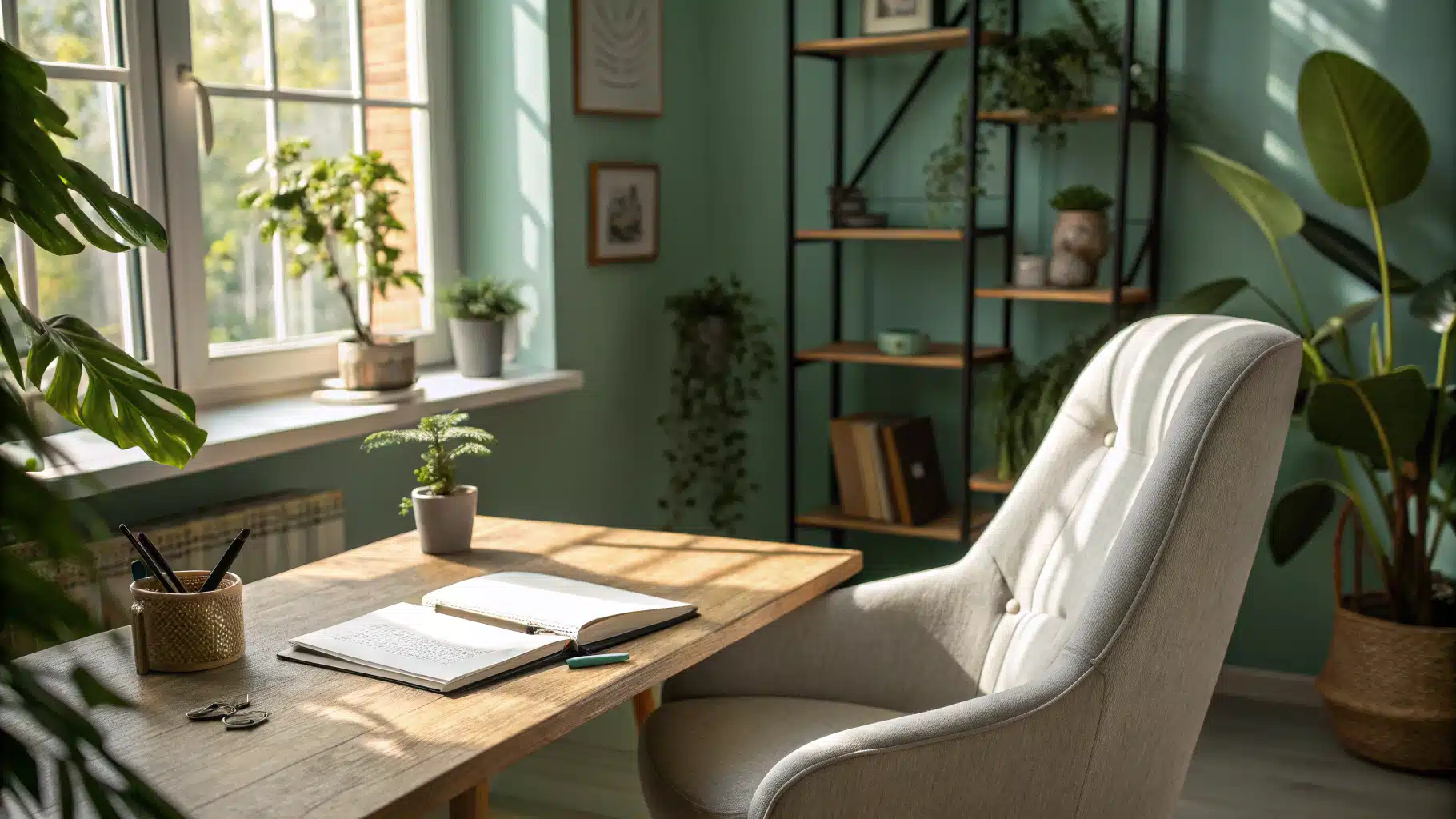 Cozy home office bathed in soft natural light