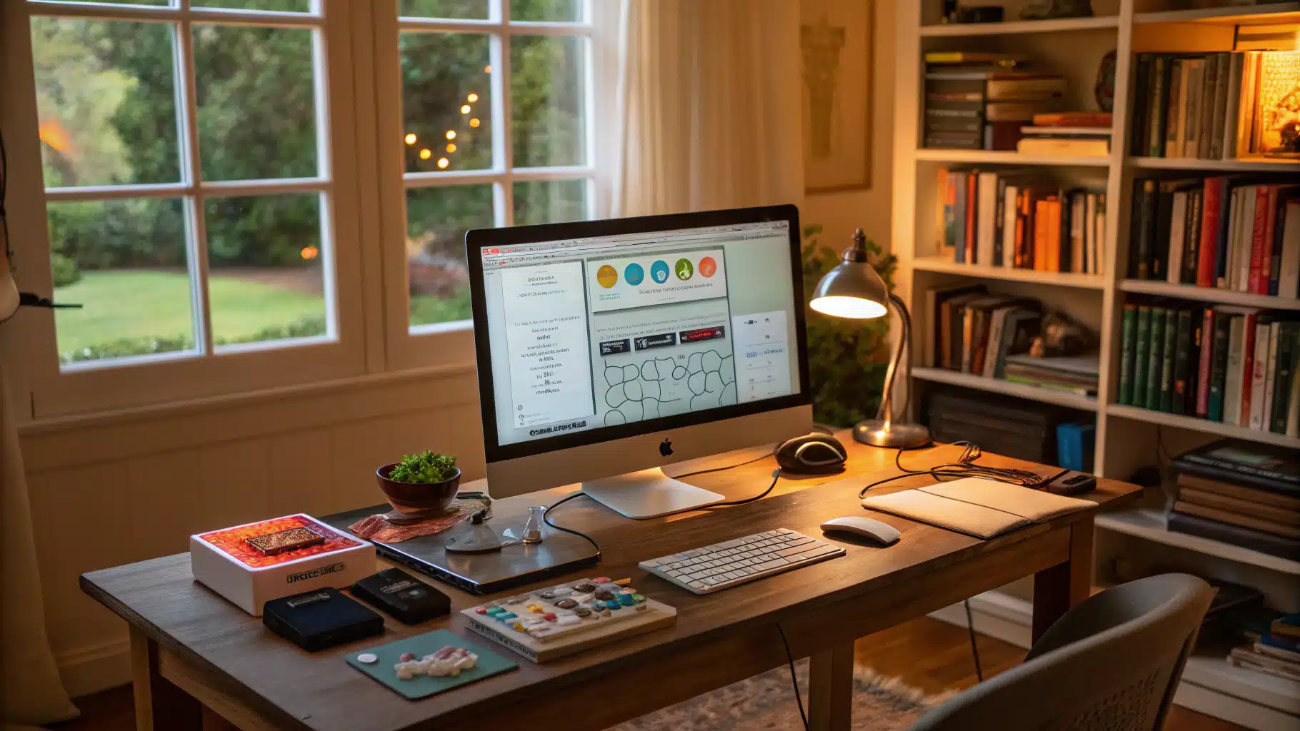 Cozy home office with brain training tools displayed