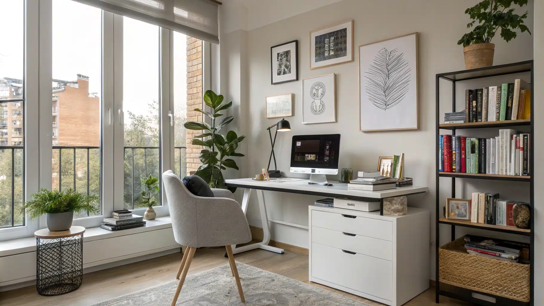 Modern home office featuring neurofeedback device and books