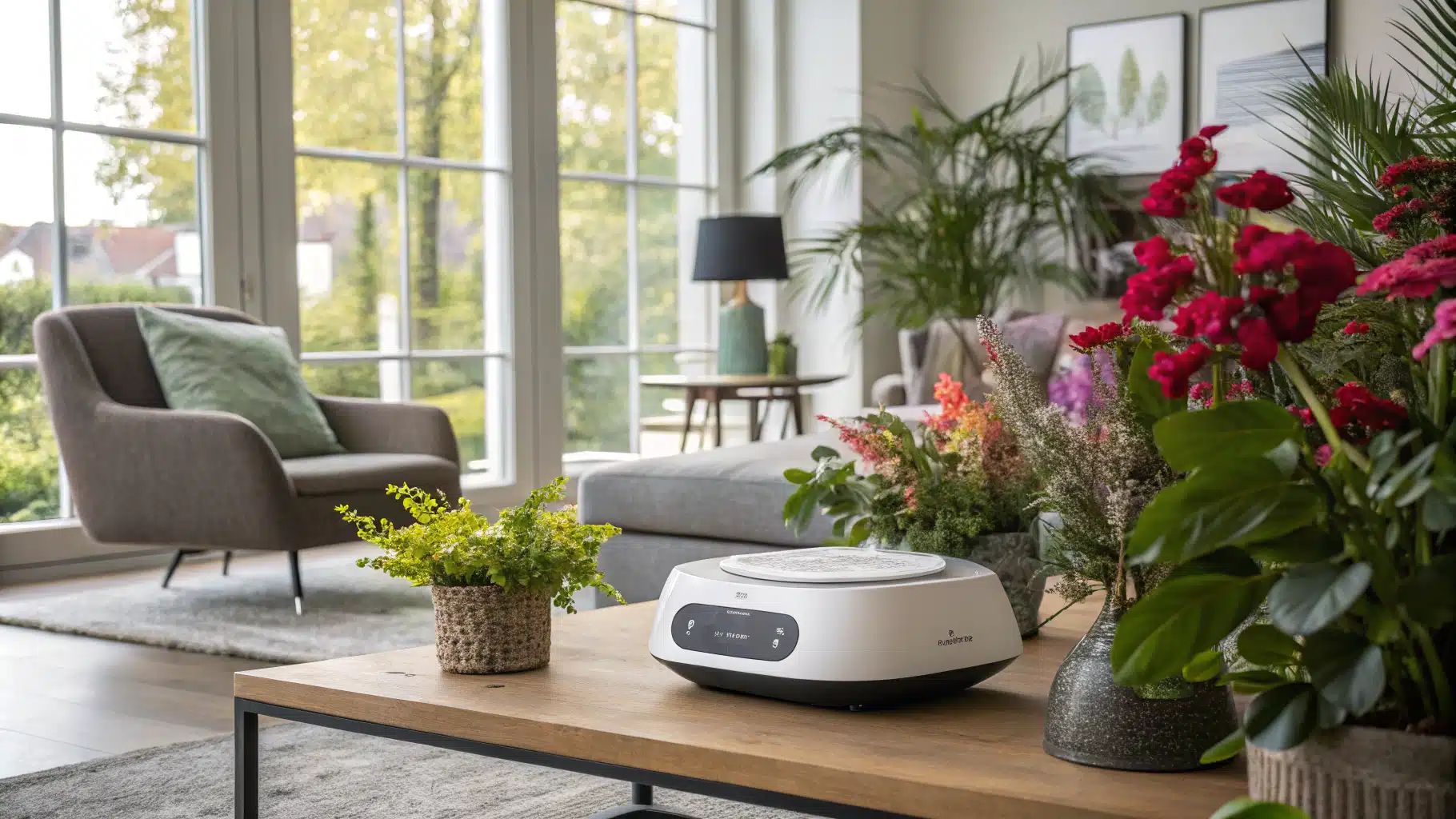 Modern living room with neurofeedback device and plants