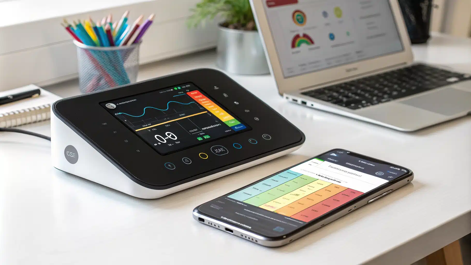 Modern neurofeedback device and smartphone on a desk