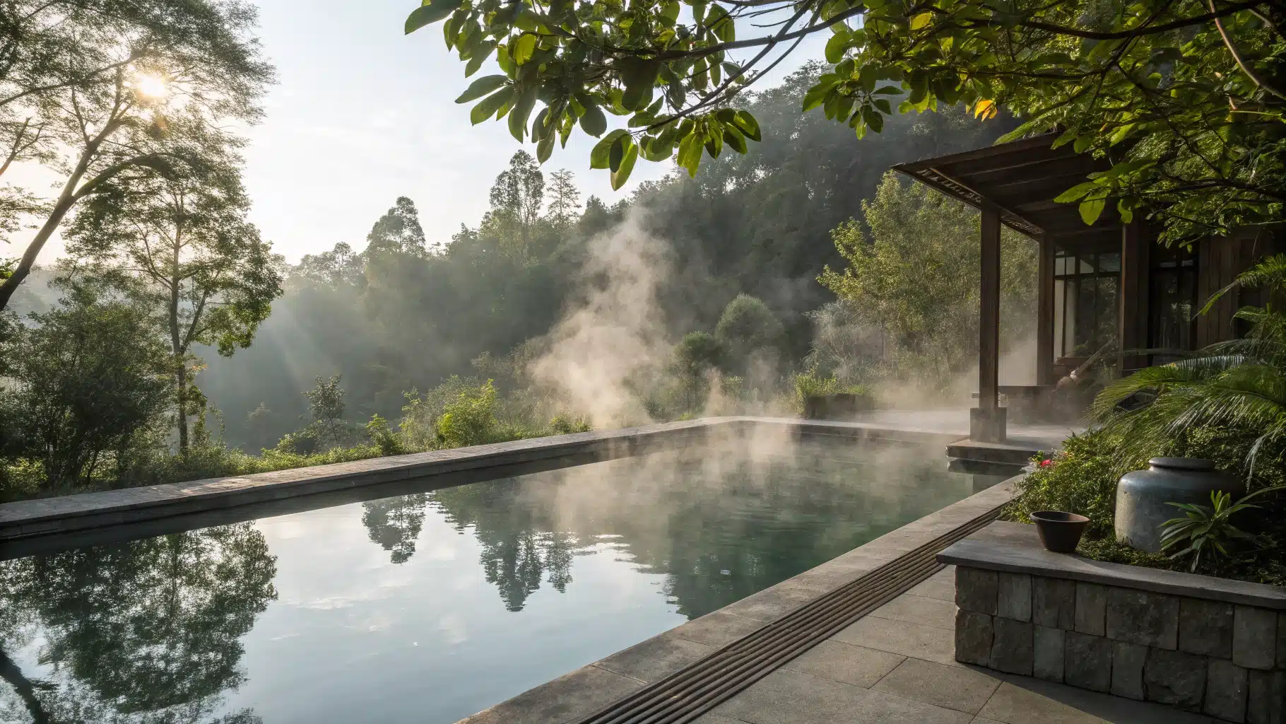 Serene cold plunge pool enveloped in lush greenery