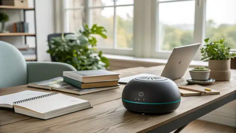 Sleek neurofeedback device in a tranquil home office