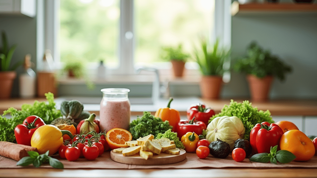 Bright kitchen table overflowing with colorful healthy foods