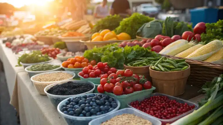 Colorful abundance of fresh produce at farmers market