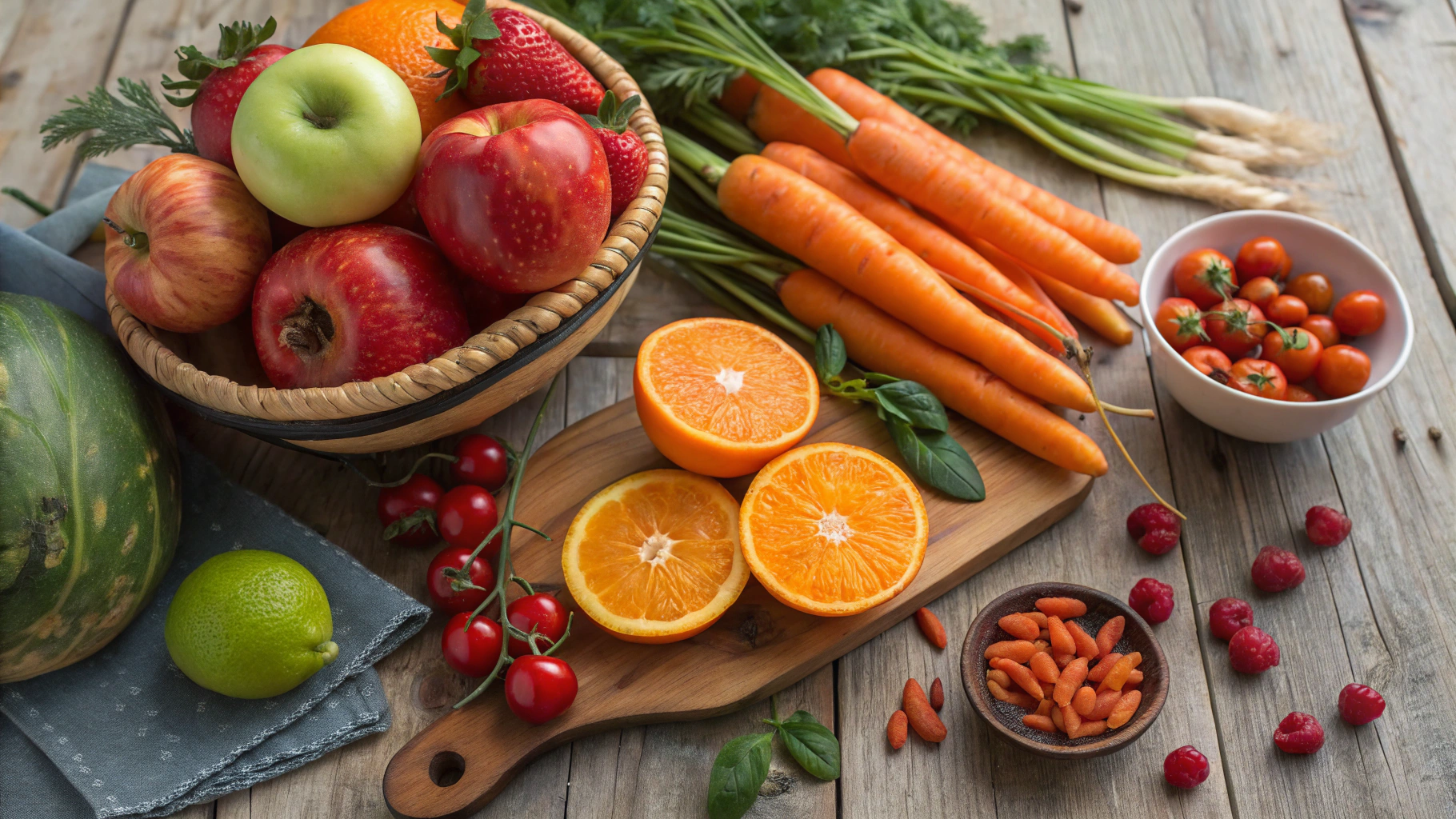 Fresh fruits and vegetables on rustic wooden table