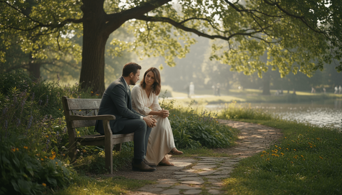 Coach and client sharing ideas in peaceful park setting