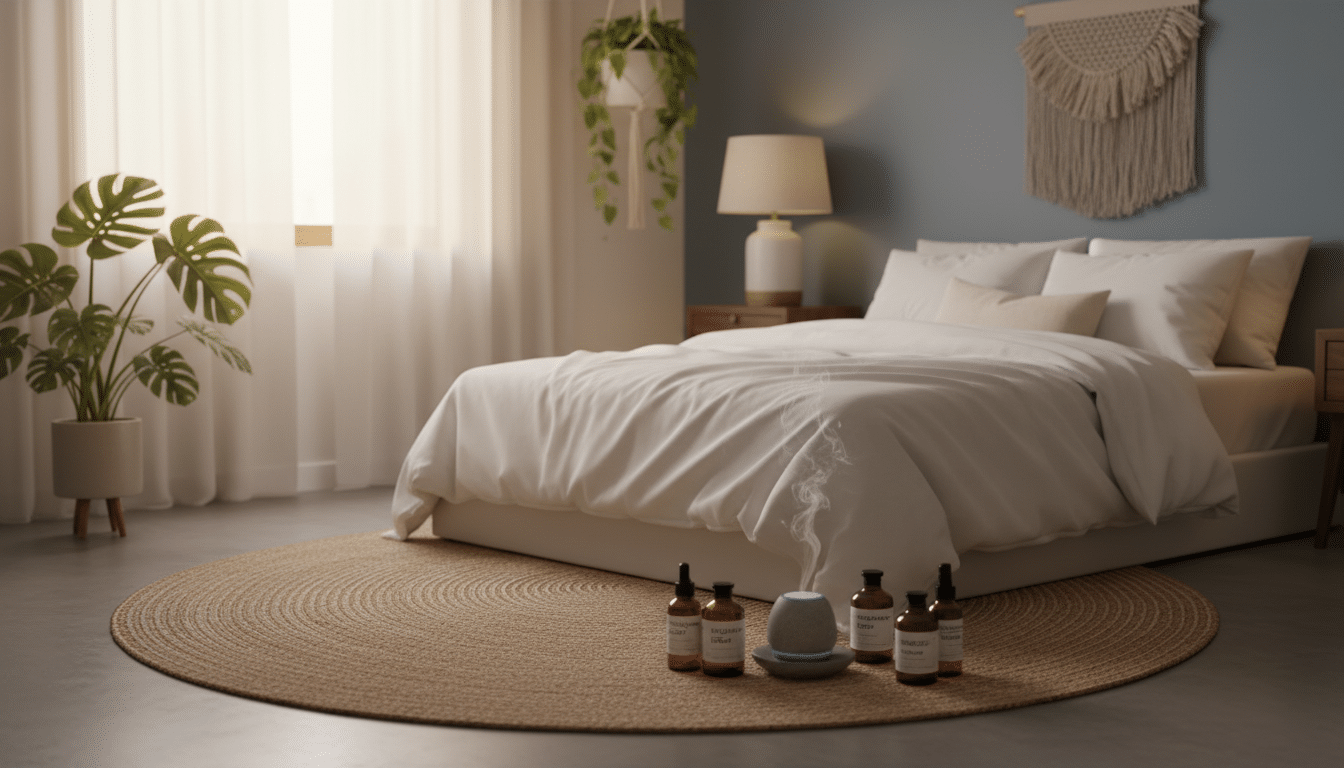 Cozy bedroom with soft lighting and natural elements