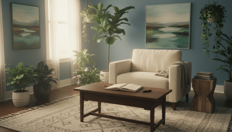 Cozy counseling room with warm light and plants