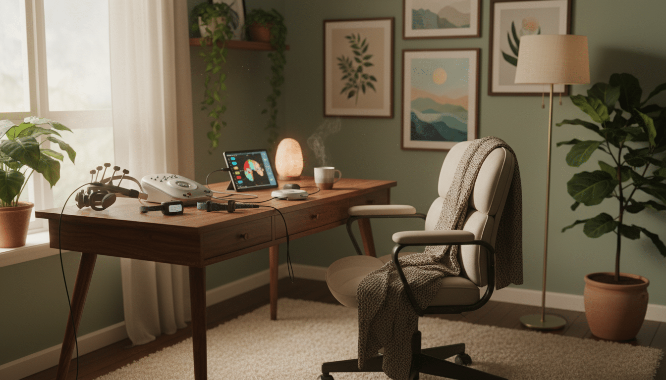 Cozy home office with biofeedback devices displayed