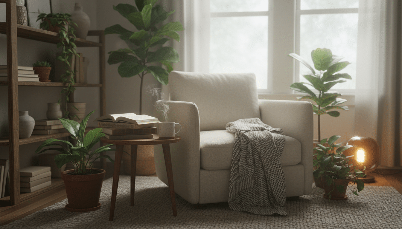 Cozy living room with tea and warm lighting