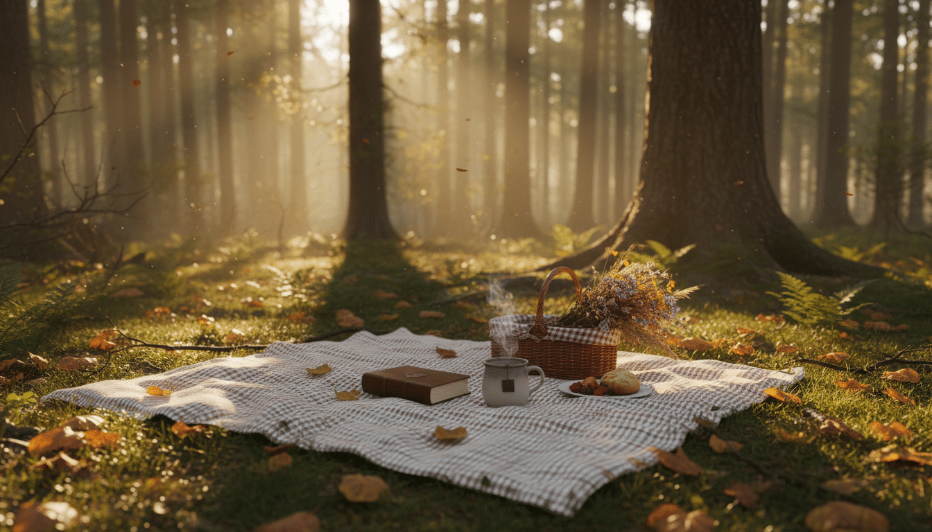 Cozy picnic setup in tranquil forest sunlight