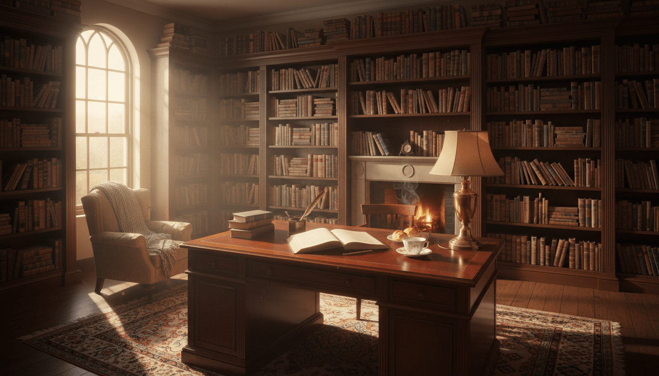Cozy study with vintage desk and warm sunlight