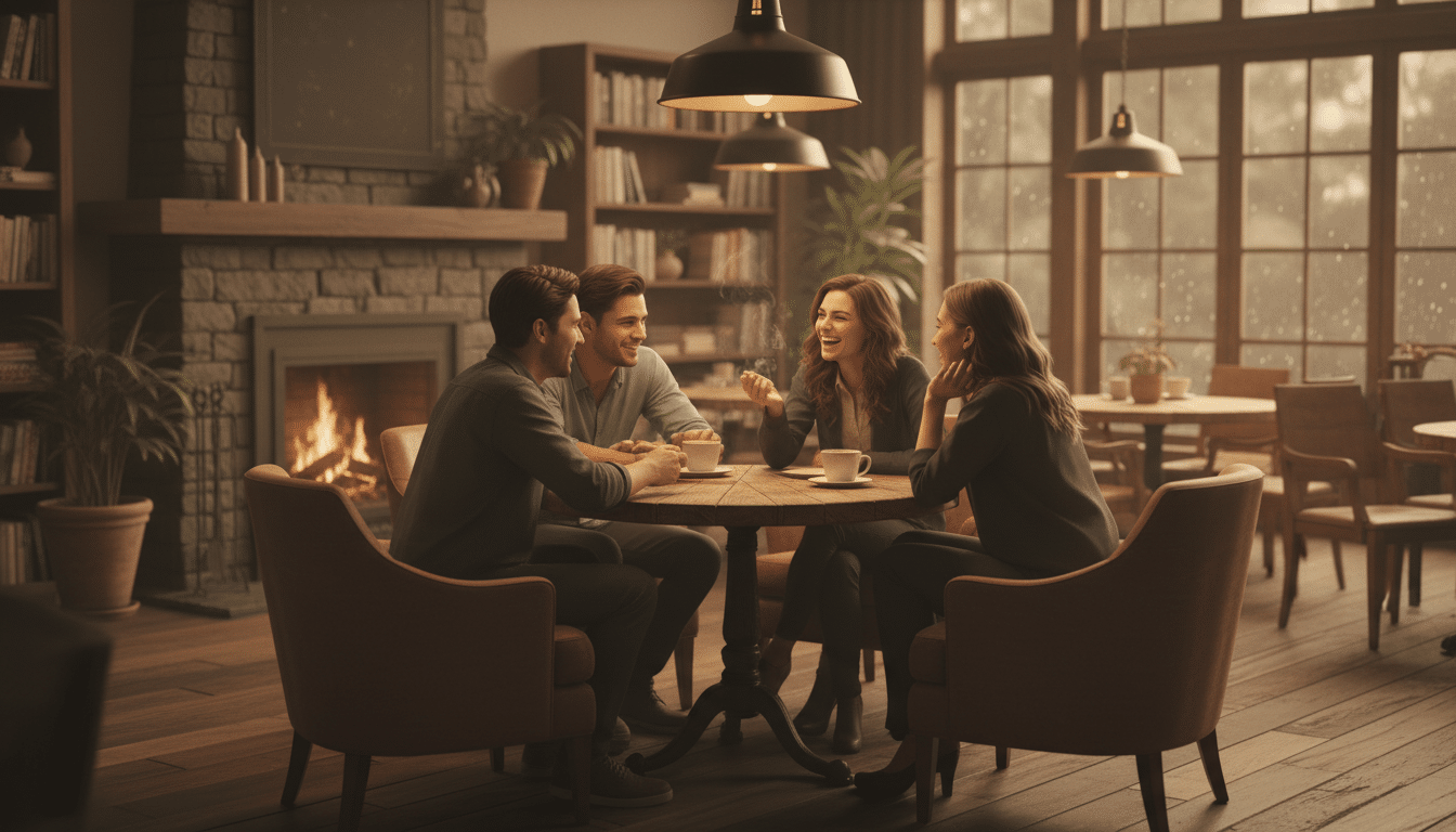 Friends sharing stories in cozy warm coffee shop