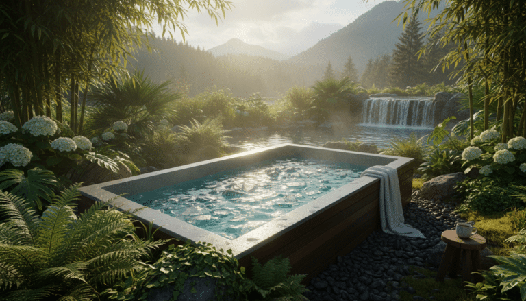 Modern ice bath surrounded by green nature